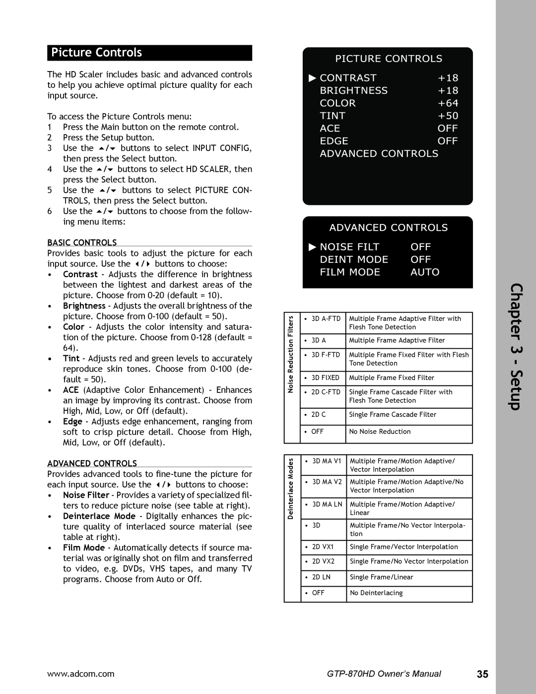 Adcom user manual Picture Controls, Basic Controls, Advanced Controls, Setup, GTP-870HDOwner’s Manual 
