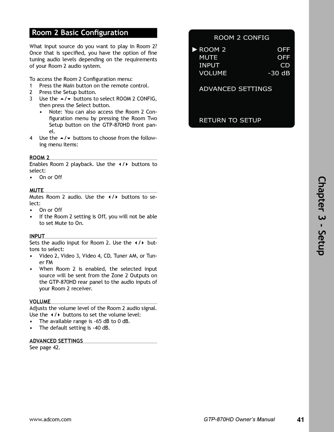Adcom user manual Room 2 Basic Conﬁguration, Mute, Advanced Settings, Setup, Input, Volume, GTP-870HDOwner’s Manual 