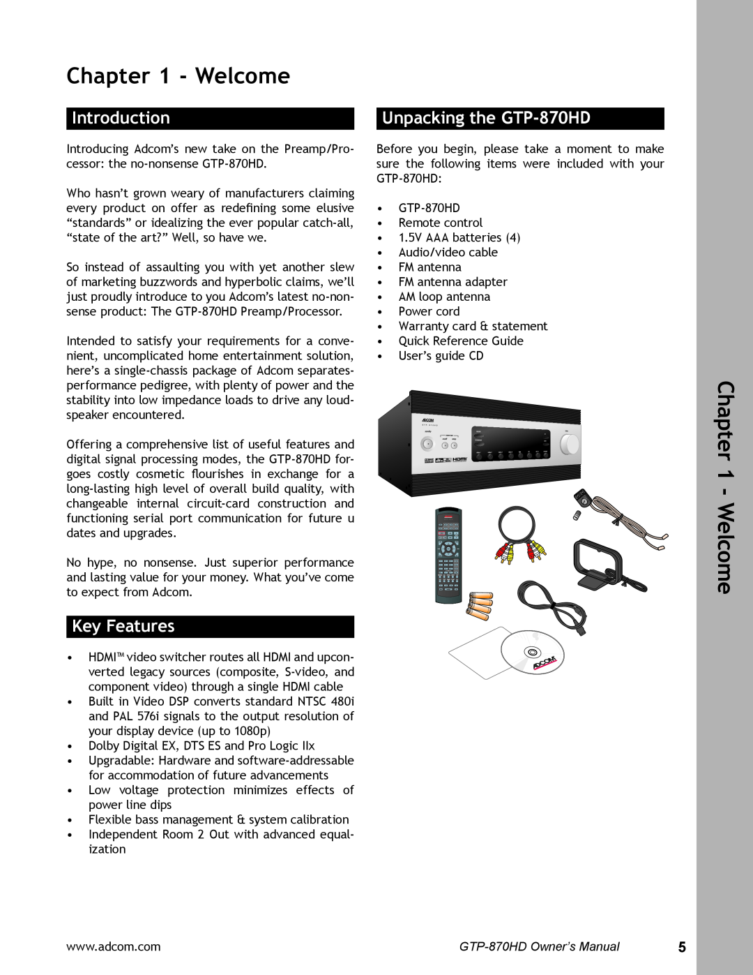 Adcom user manual Introduction, Key Features, Unpacking the GTP-870HD, Welcome 