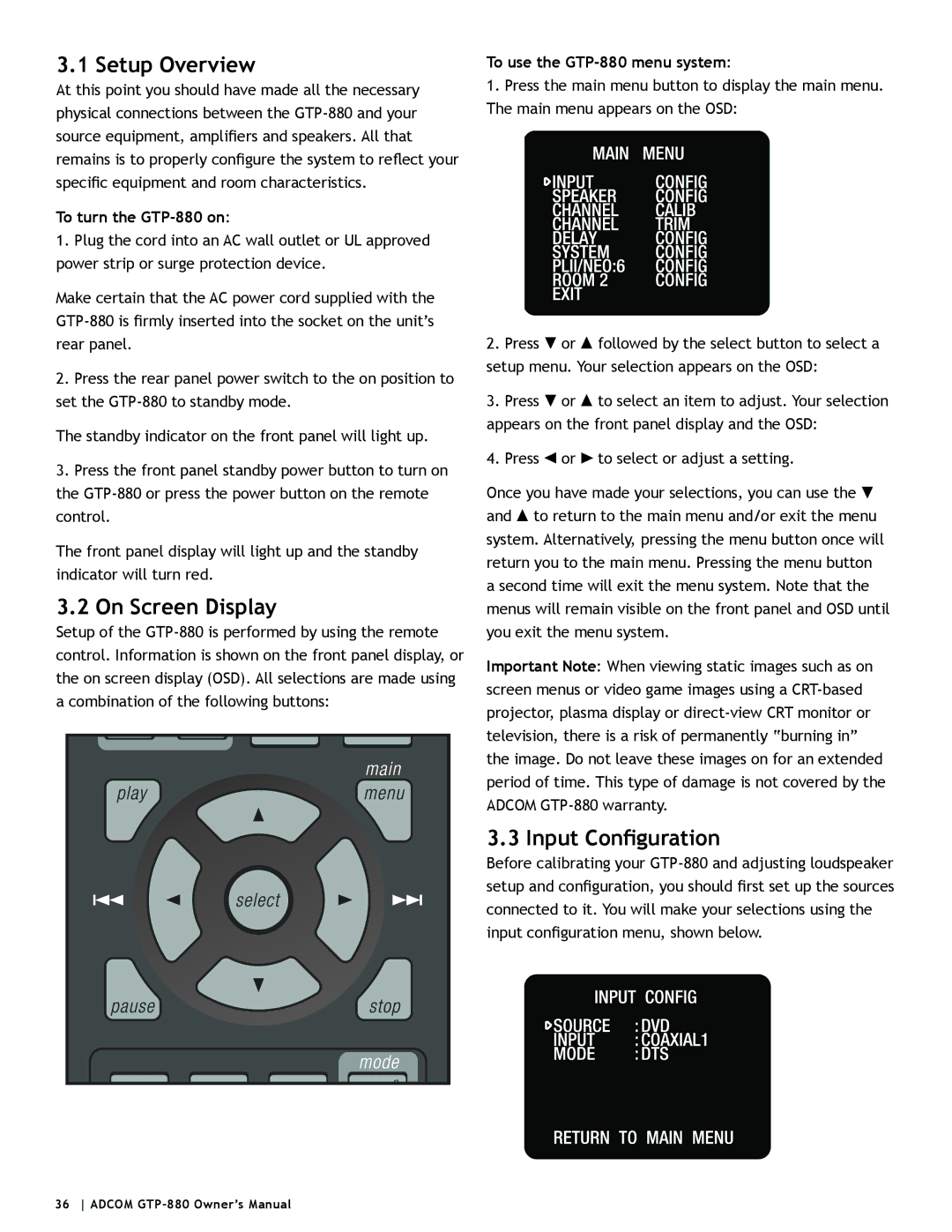 Adcom Setup Overview, On Screen Display, Input Configuration, To turn the GTP-880 on, To use the GTP-880 menu system 