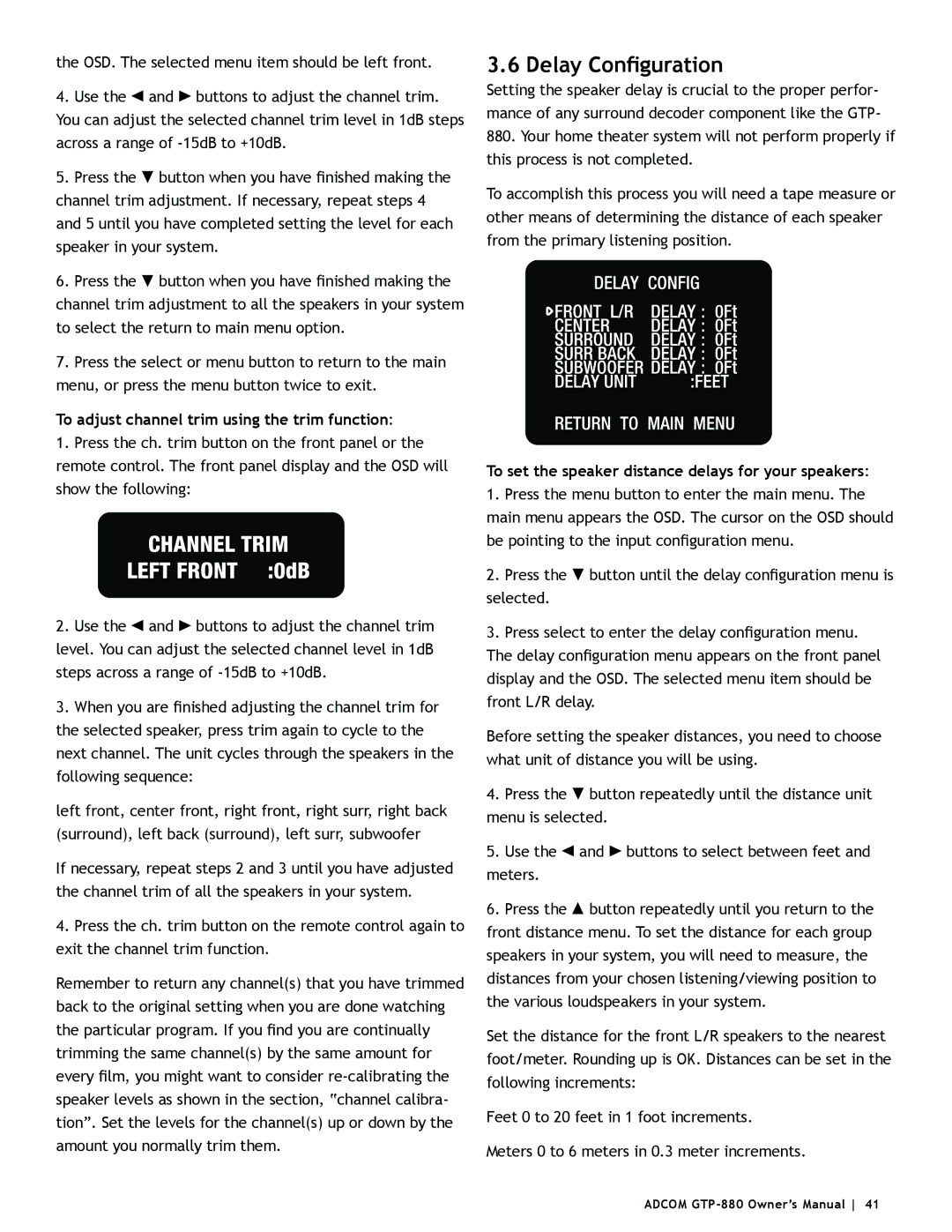 Adcom GTP-880 owner manual Delay Configuration, To adjust channel trim using the trim function 