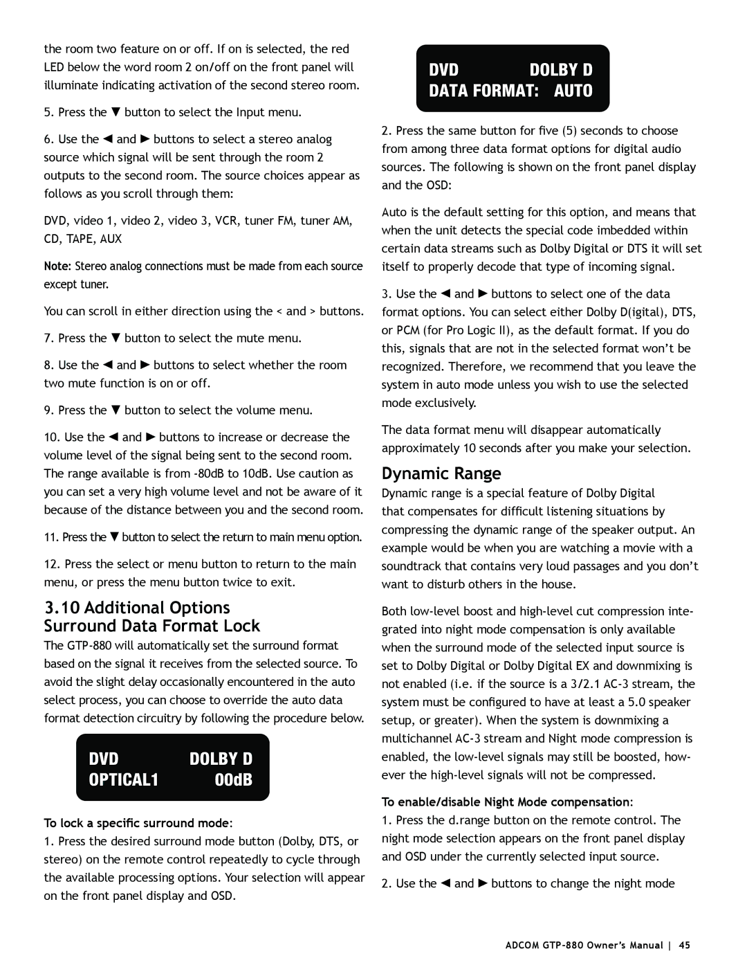 Adcom GTP-880 owner manual Dynamic Range, To lock a specific surround mode, To enable/disable Night Mode compensation 