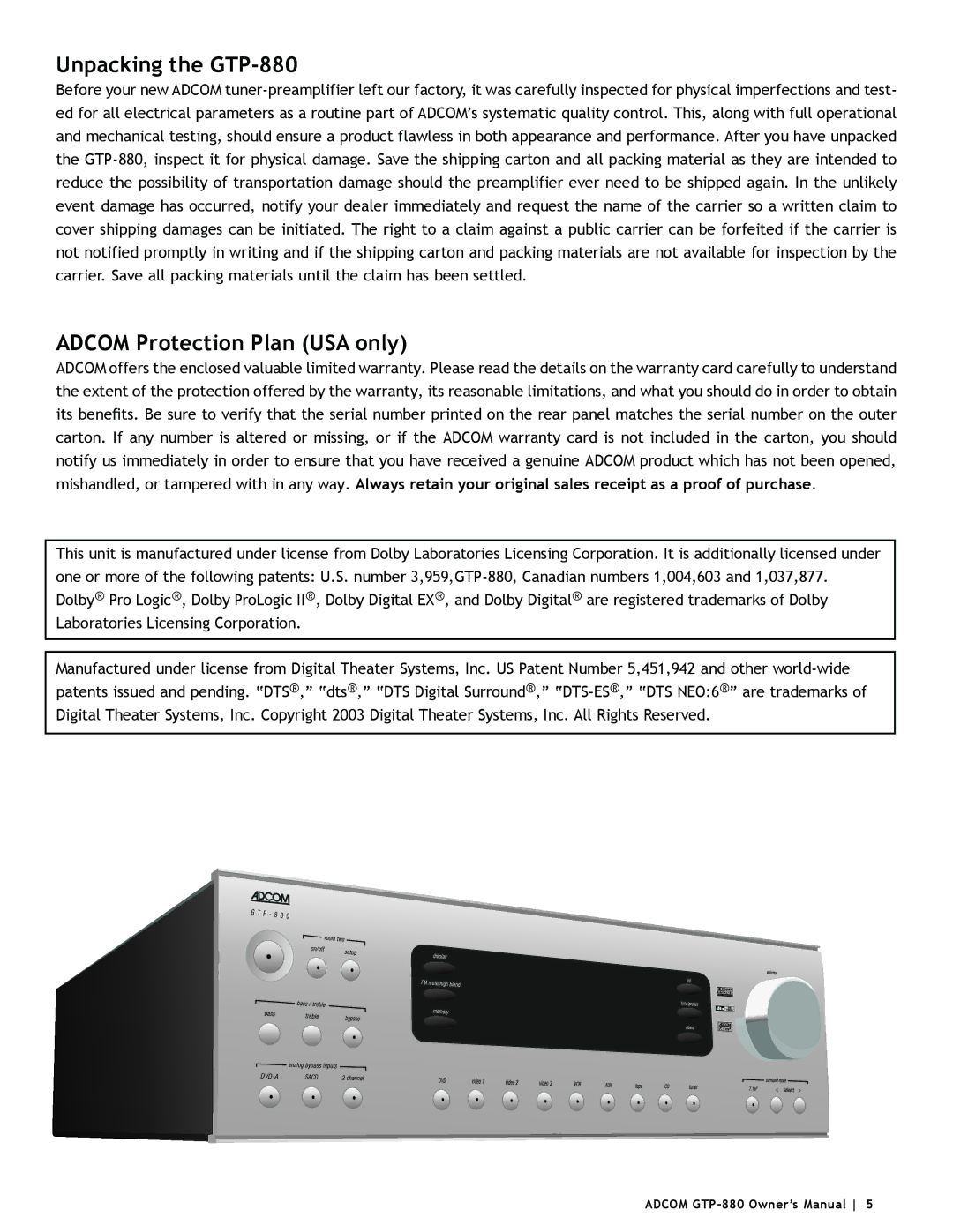 Adcom owner manual Unpacking the GTP-880, Adcom Protection Plan USA only 