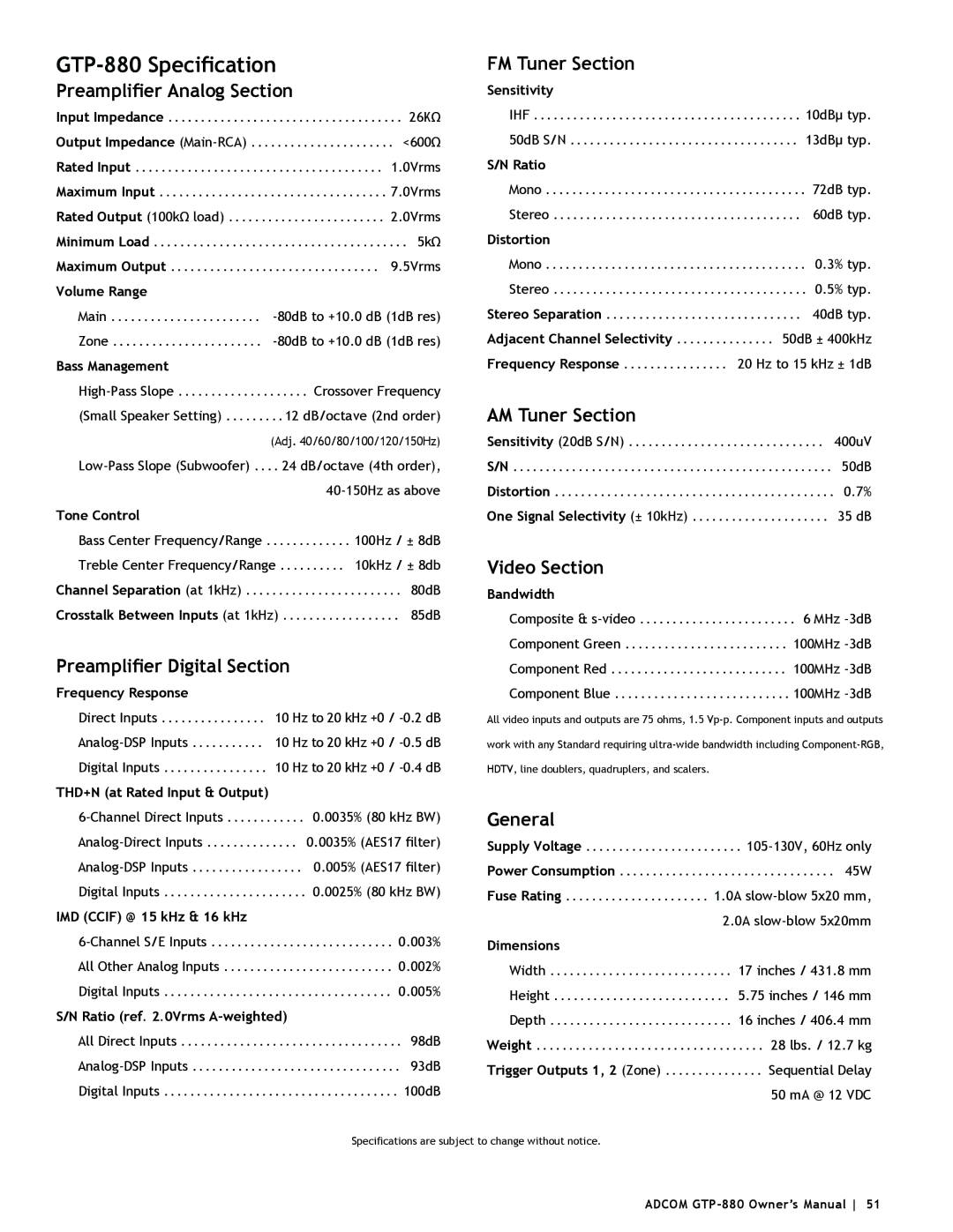 Adcom owner manual GTP-880 Specification, Preamplifier Analog Section 