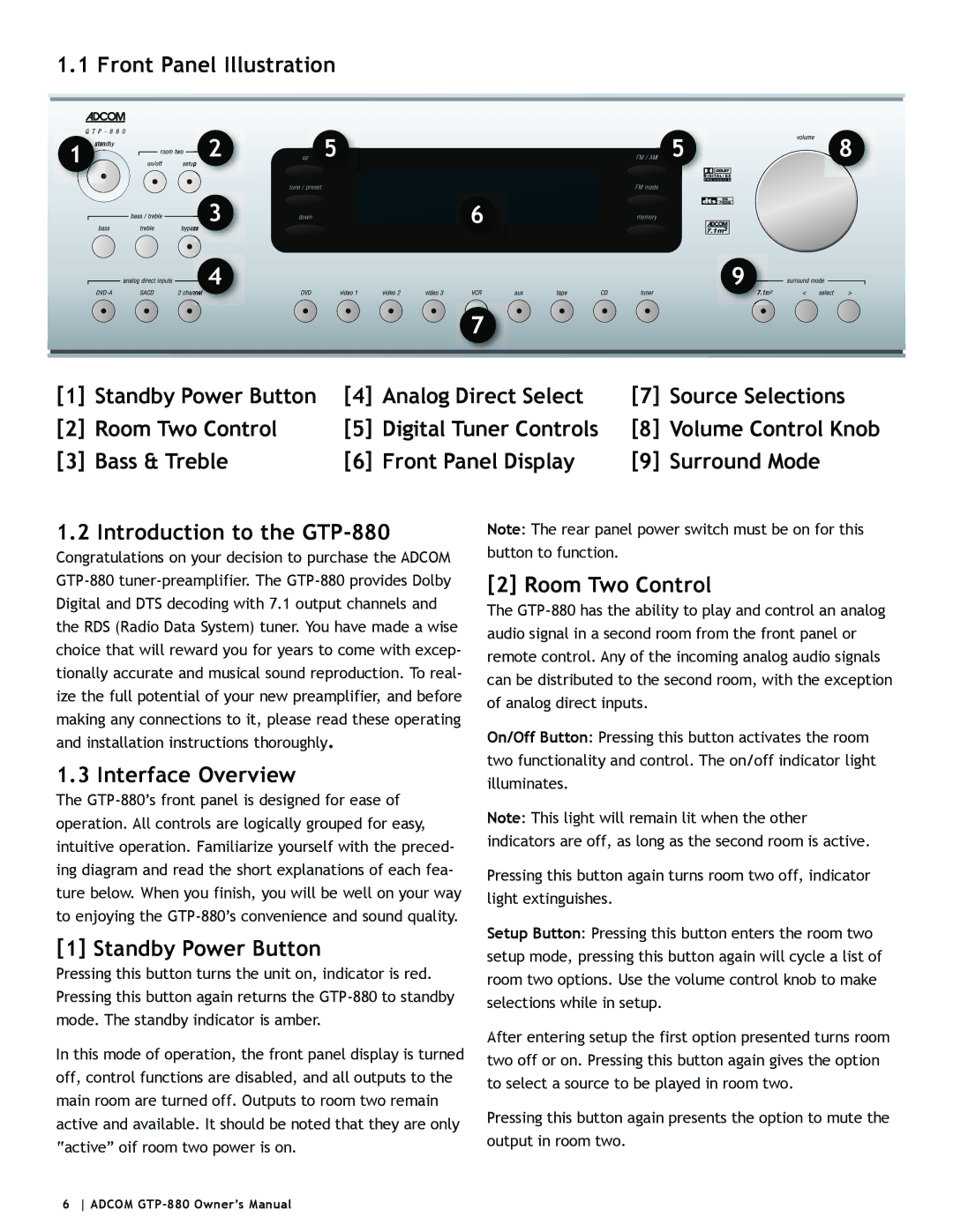 Adcom GTP-880 owner manual Interface Overview, Standby Power Button 