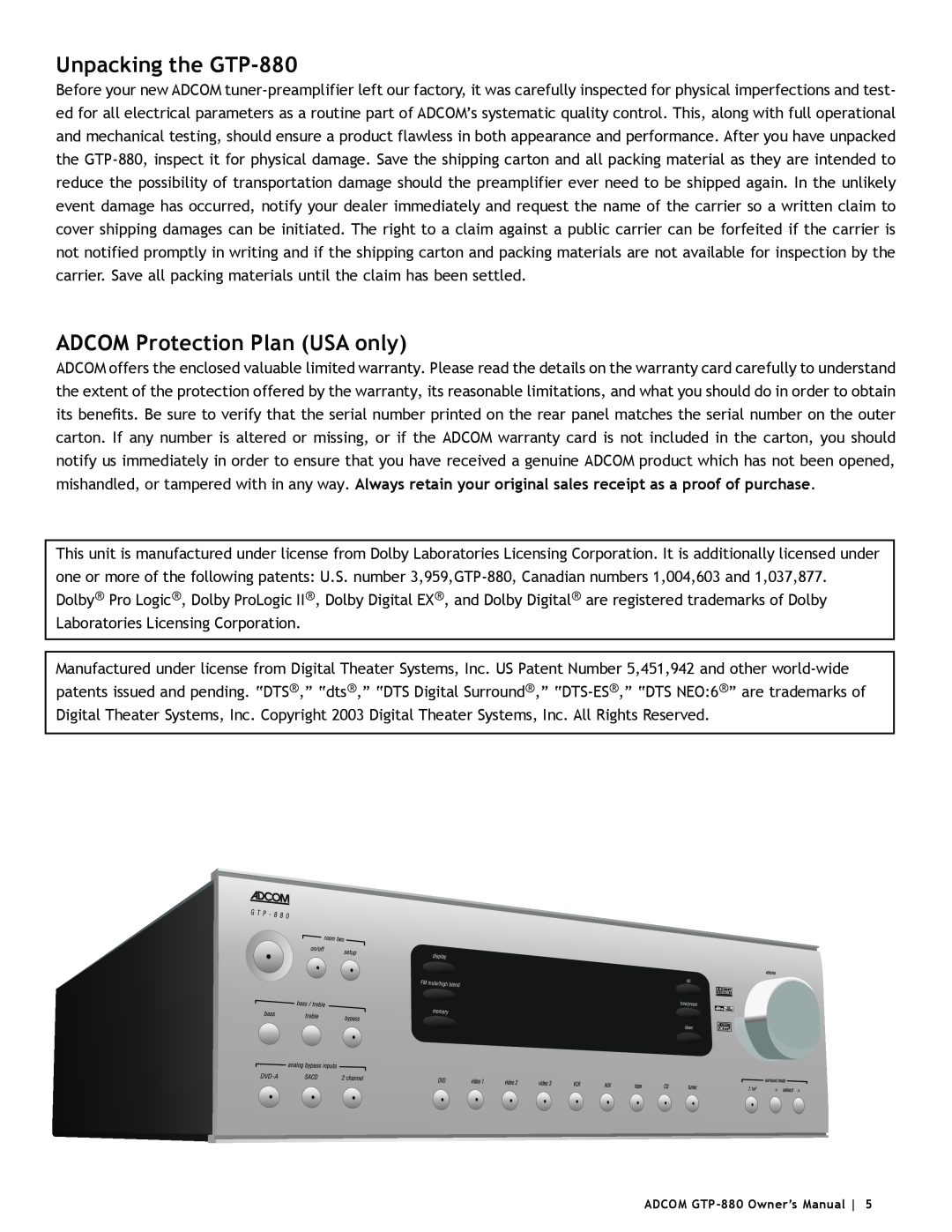 Adcom owner manual Unpacking the GTP-880, ADCOM Protection Plan USA only 