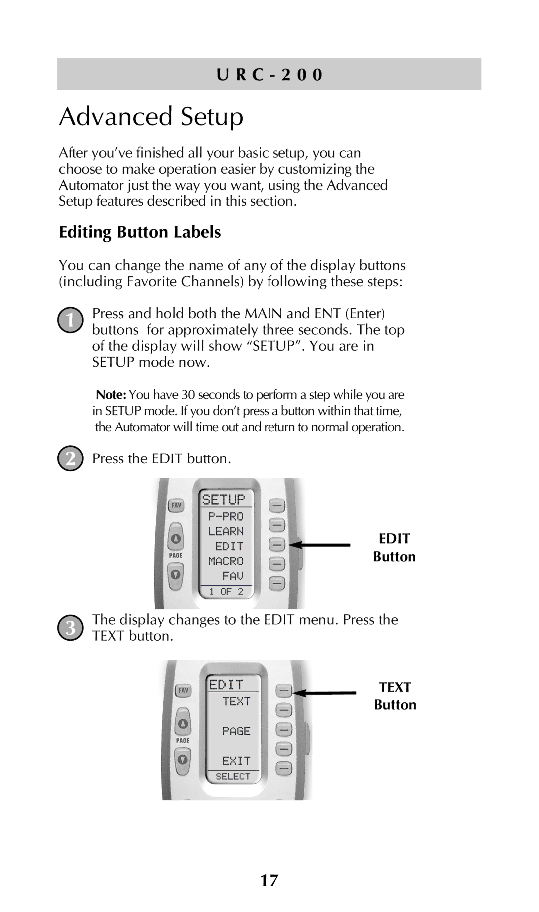 Adcom URC-200 owner manual Advanced Setup, Editing Button Labels 