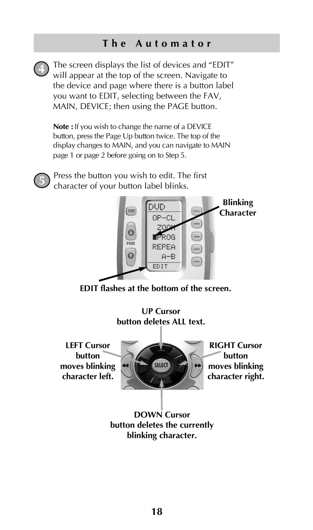 Adcom URC-200 owner manual Down Cursor Button deletes the currently Blinking character 