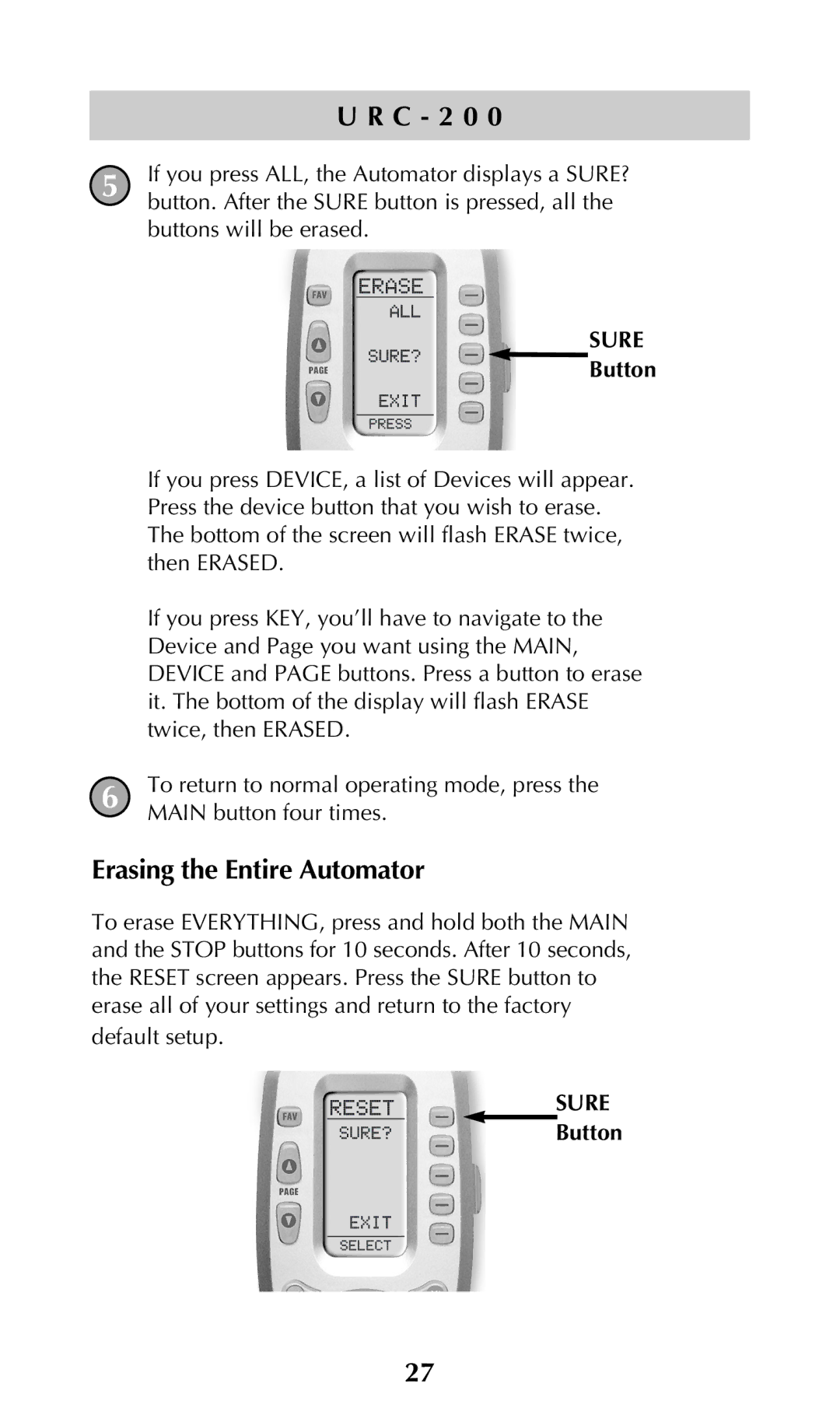 Adcom URC-200 owner manual Erasing the Entire Automator, Sure 