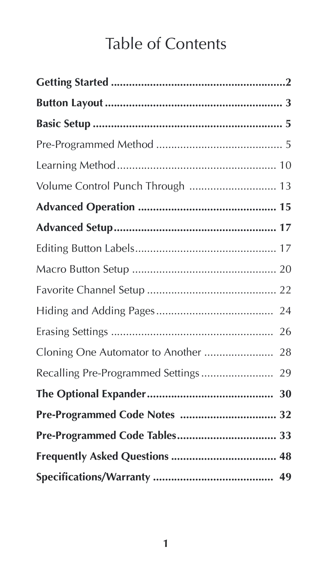 Adcom URC-200 owner manual Table of Contents 