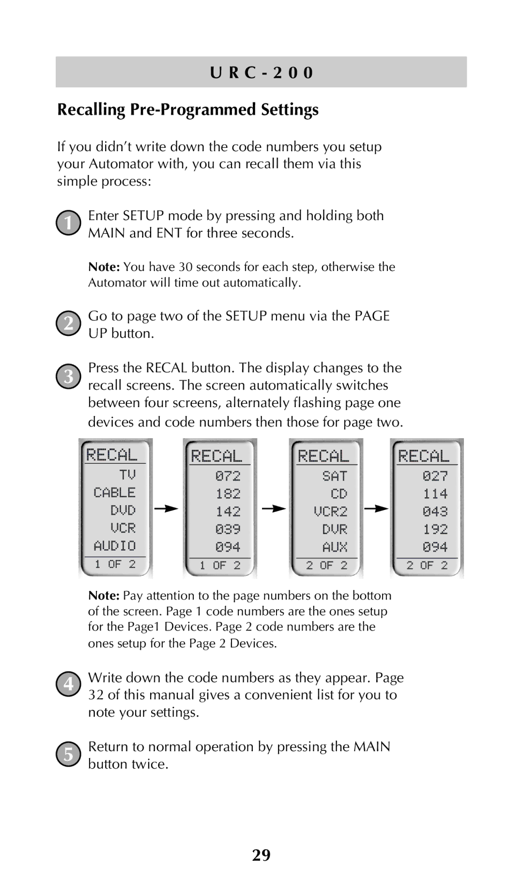 Adcom URC-200 owner manual C 2 0 Recalling Pre-Programmed Settings 