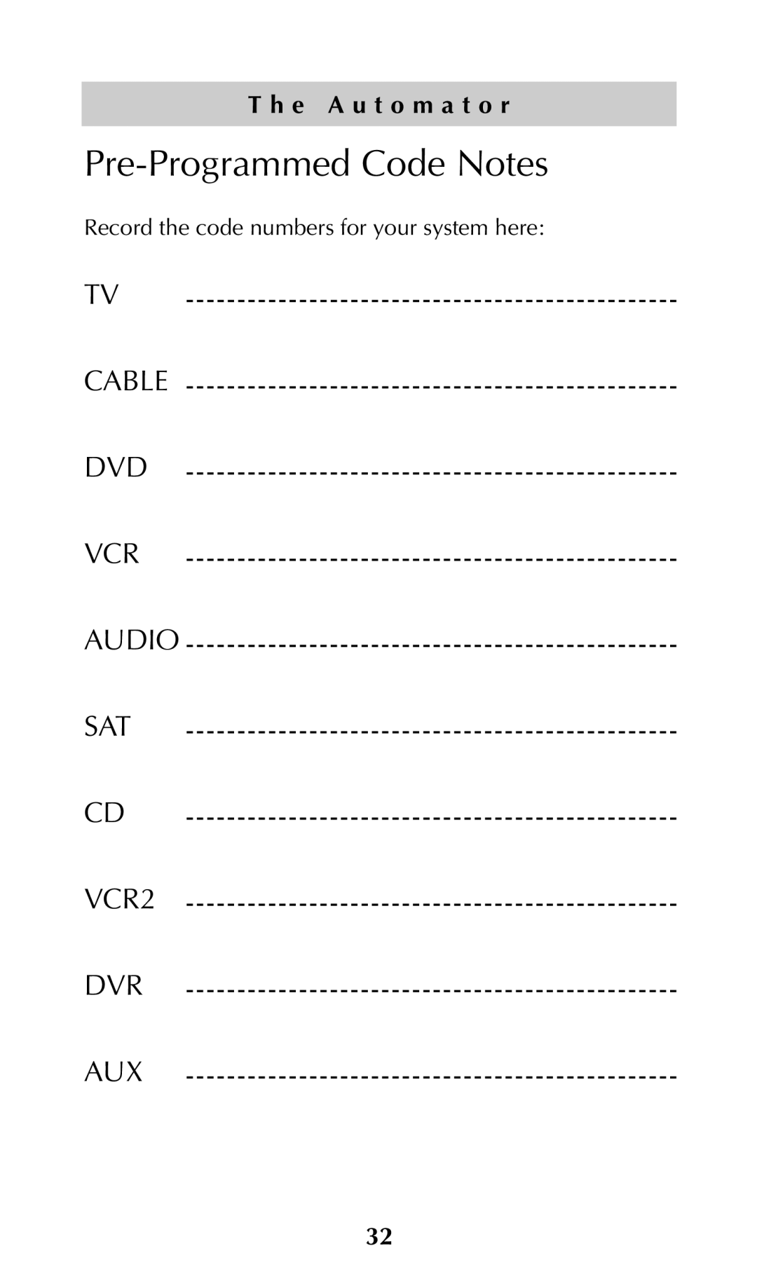 Adcom URC-200 owner manual Pre-Programmed Code Notes 