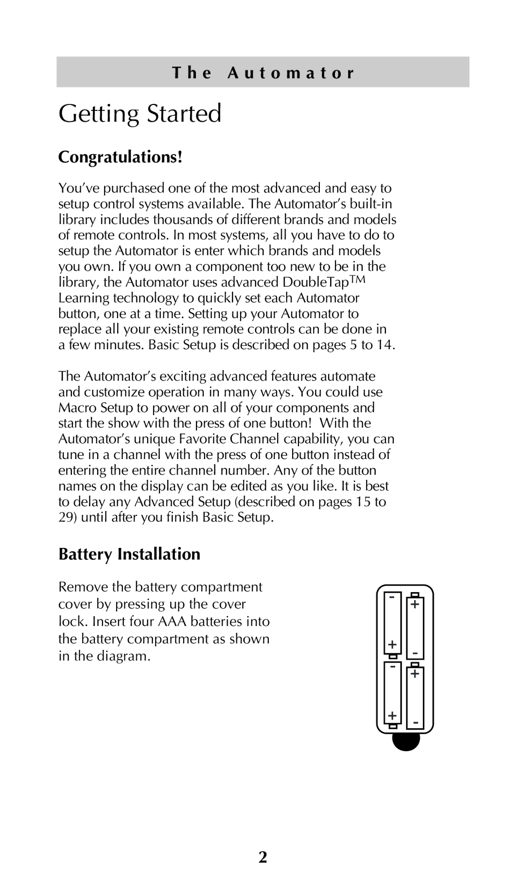 Adcom URC-200 owner manual Getting Started, E a u t o m a t o r, Congratulations, Battery Installation 