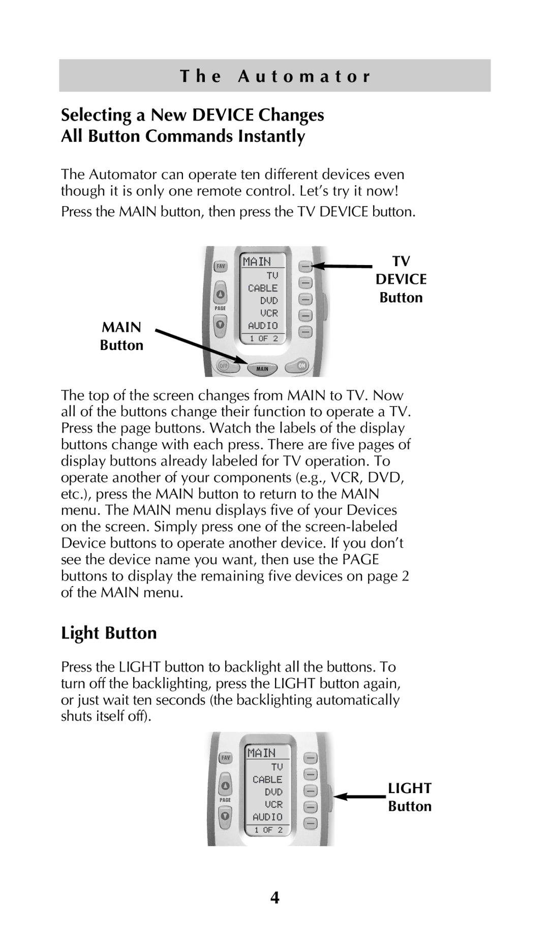 Adcom URC-200 owner manual Light Button 