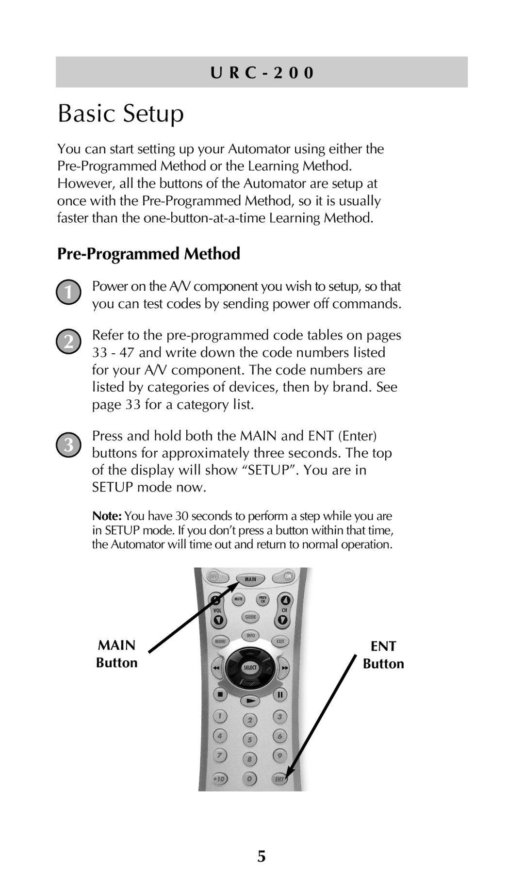 Adcom URC-200 owner manual Basic Setup, Pre-Programmed Method 