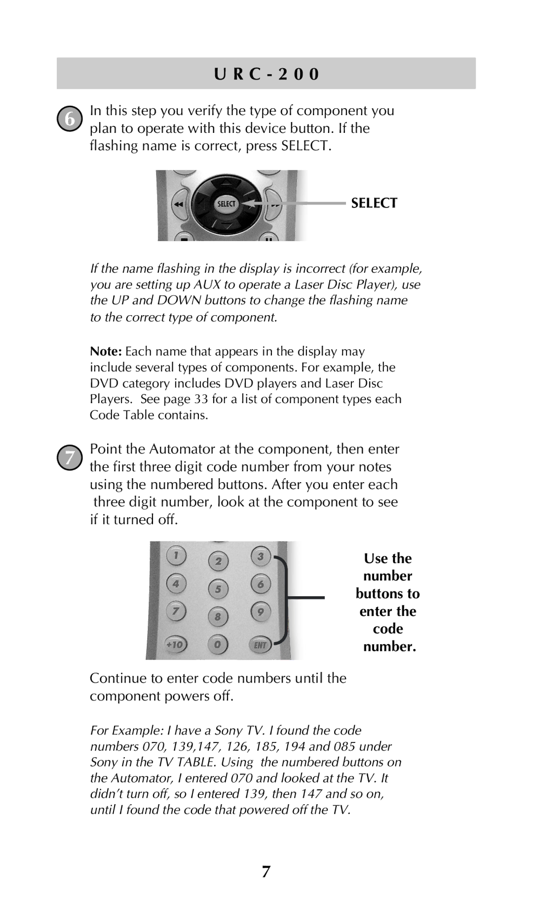 Adcom URC-200 owner manual Select 