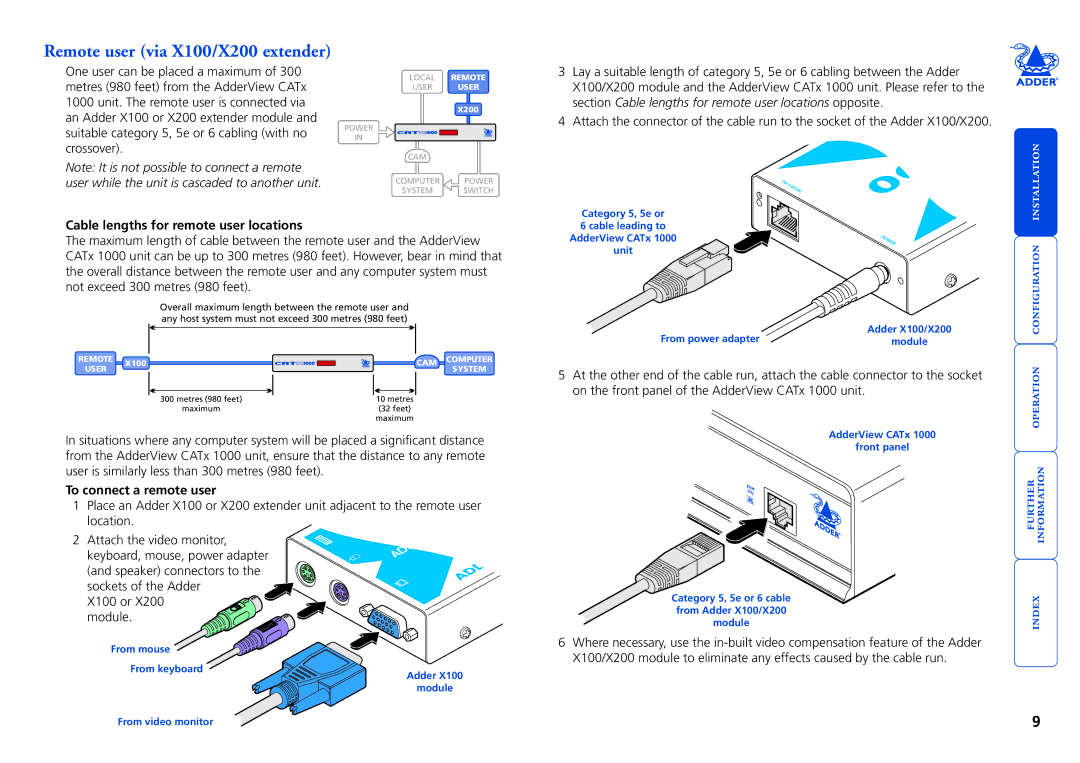 Adder Technology 1000 manual Cable lengths for remote user locations, To connect a remote user 