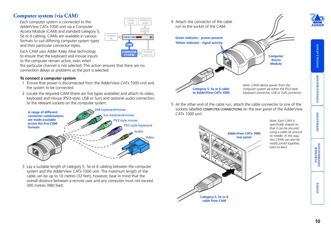 Adder Technology 1000 manual Computer system via CAM, To connect a computer system 