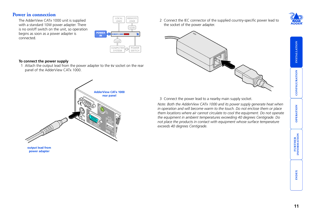 Adder Technology 1000 manual Power in connection, To connect the power supply 