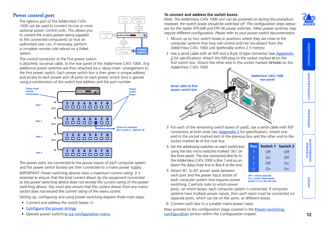 Adder Technology 1000 manual Power control port, To connect and address the switch boxes, Switch 