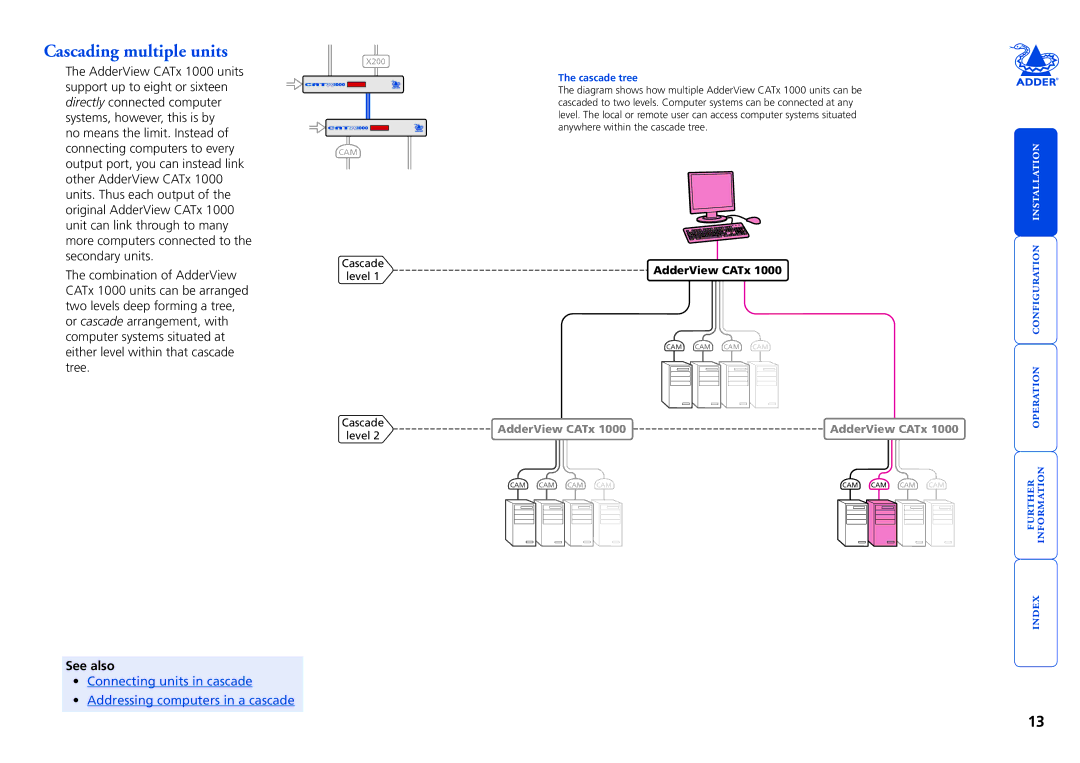 Adder Technology 1000 manual Cascading multiple units, See also 