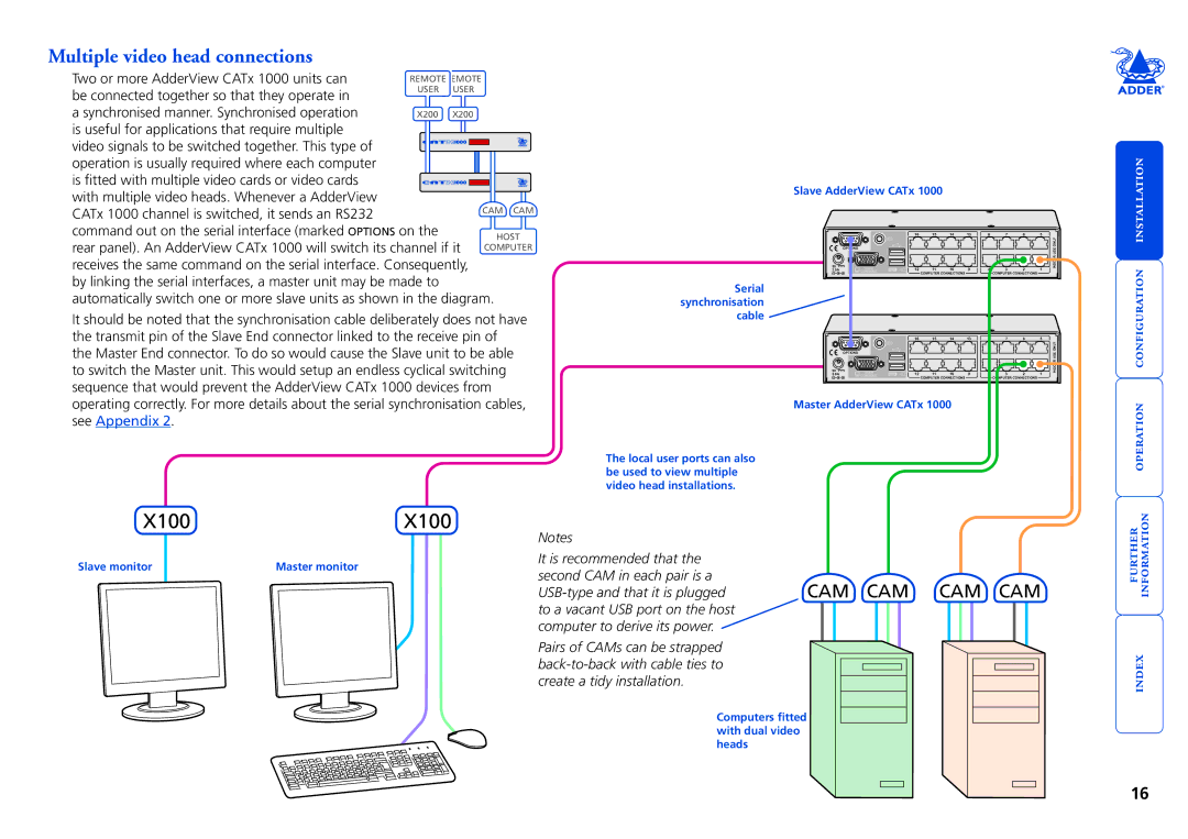 Adder Technology 1000 manual Multiple video head connections, Slave AdderView CATx 