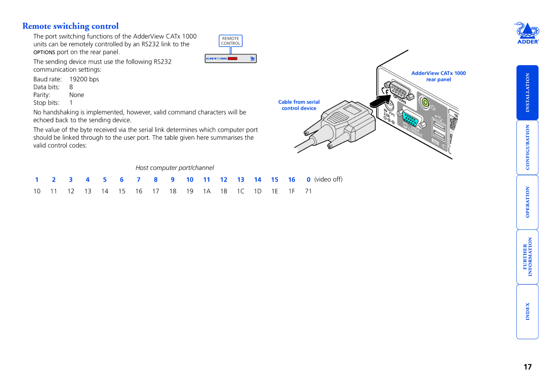 Adder Technology 1000 manual Remote switching control, Host computer port/channel Video off 