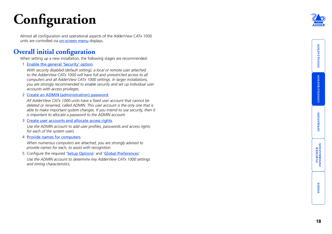 Adder Technology 1000 manual Configuration, Overall initial configuration 