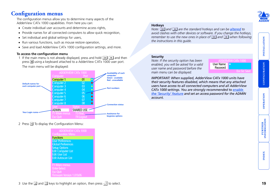 Adder Technology 1000 manual Configuration menus, To access the configuration menu 