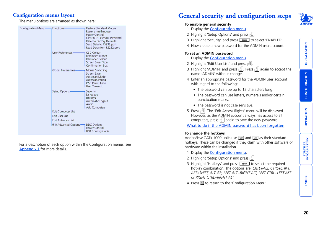 Adder Technology 1000 General security and configuration steps, Configuration menus layout, To enable general security 