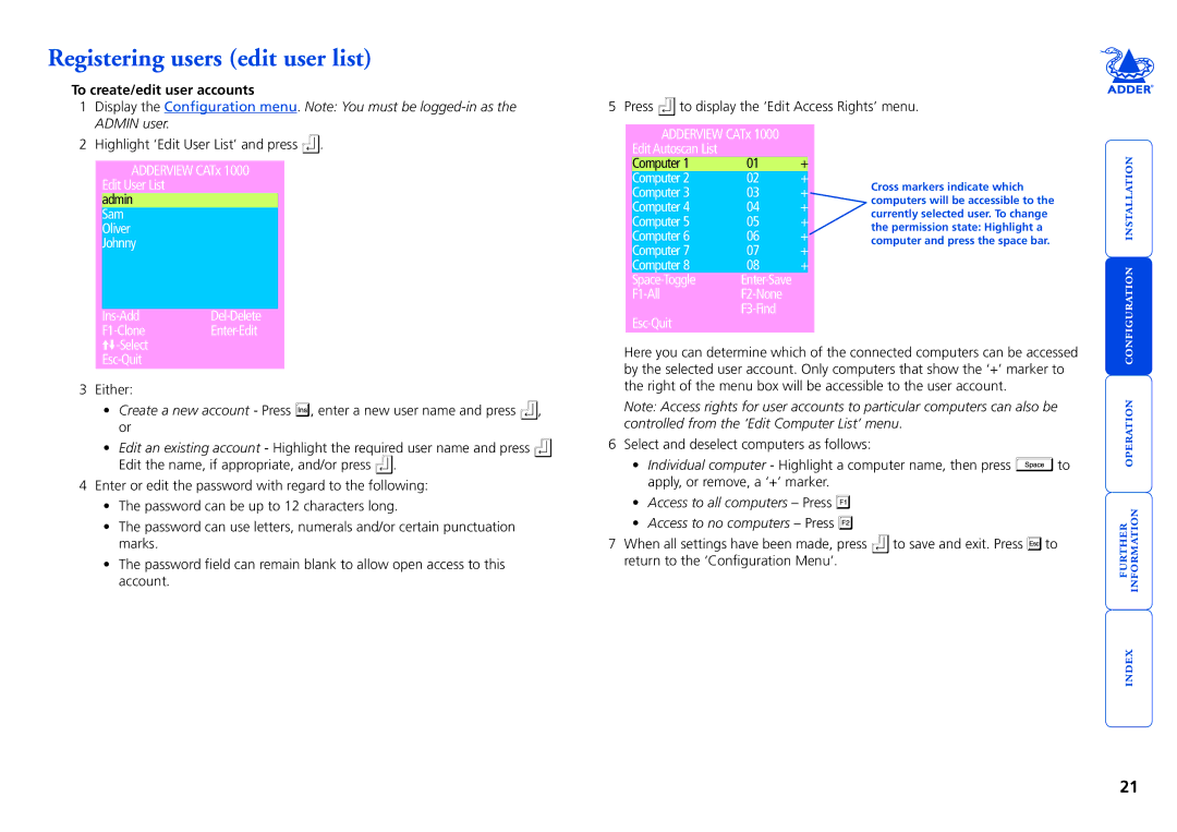 Adder Technology 1000 manual Registering users edit user list, To create/edit user accounts 