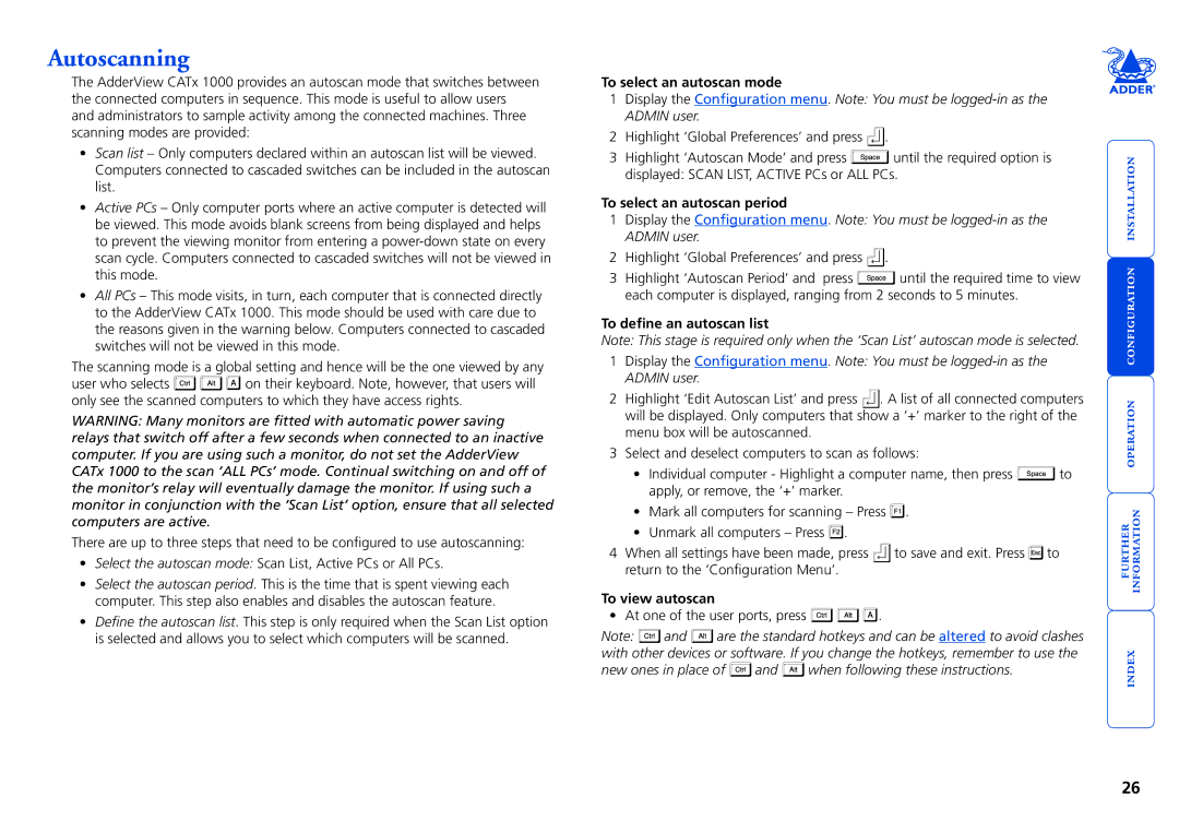 Adder Technology 1000 Autoscanning, To select an autoscan mode, To select an autoscan period, To define an autoscan list 