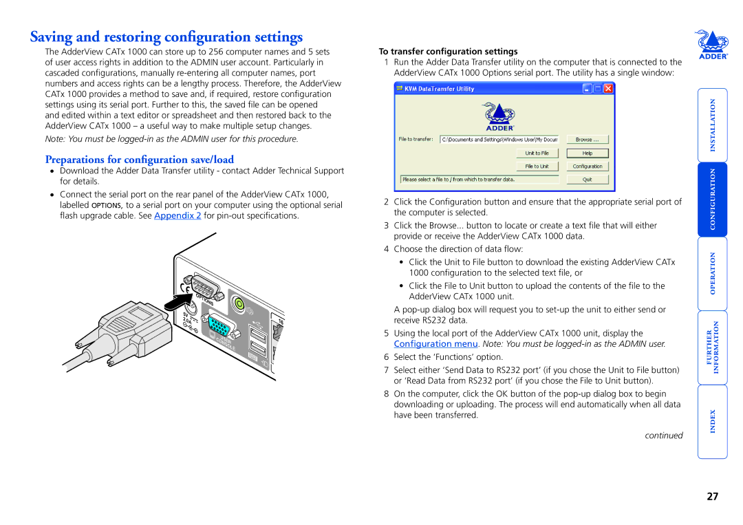 Adder Technology 1000 manual Saving and restoring configuration settings, To transfer configuration settings 