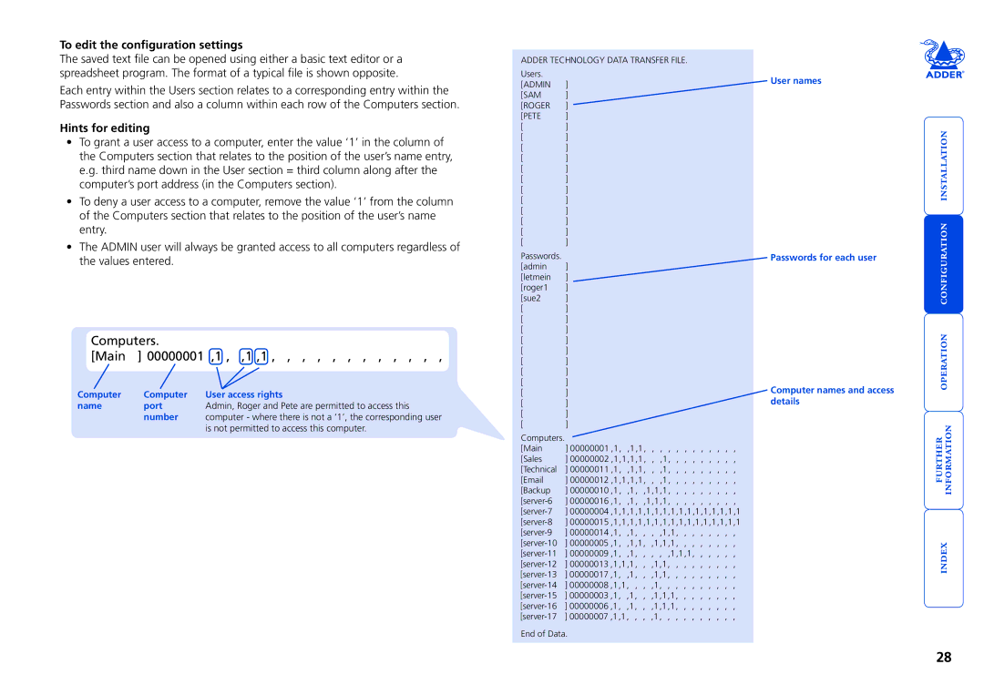 Adder Technology 1000 manual To edit the configuration settings, Hints for editing 