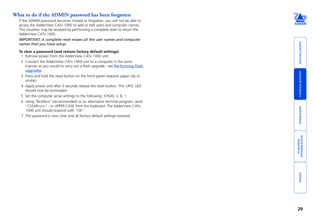Adder Technology 1000 manual What to do if the Admin password has been forgotten 