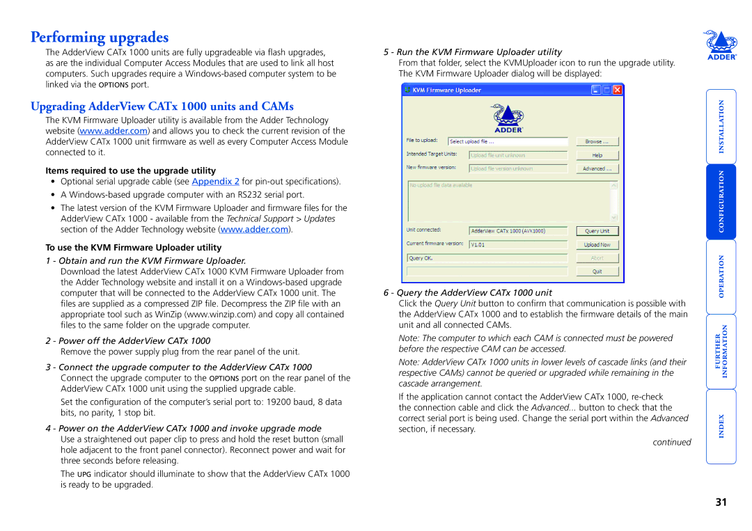 Adder Technology manual Performing upgrades, Upgrading AdderView CATx 1000 units and CAMs 