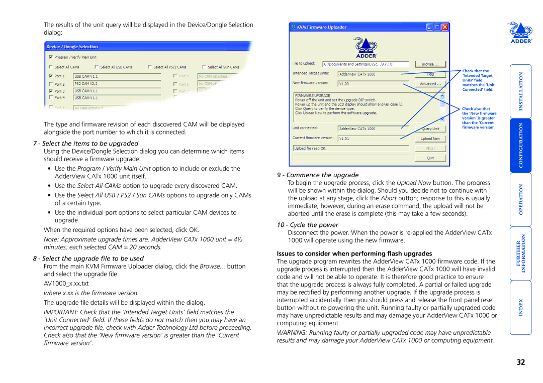 Adder Technology 1000 manual Issues to consider when performing flash upgrades 