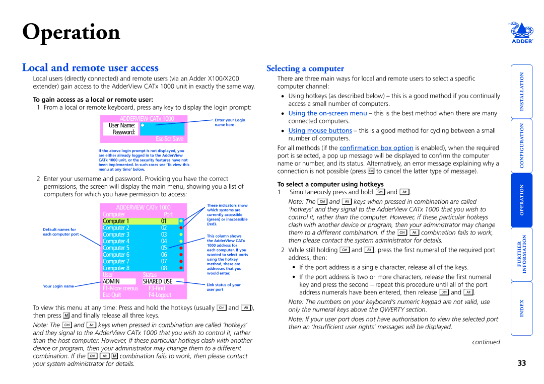 Adder Technology 1000 manual Local and remote user access, Selecting a computer, To gain access as a local or remote user 