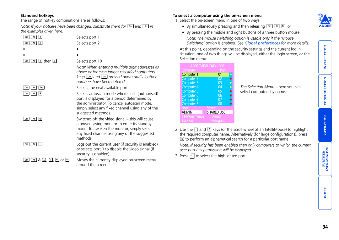 Adder Technology 1000 manual Standard hotkeys, To select a computer using the on-screen menu 