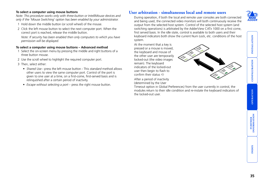 Adder Technology 1000 manual User arbitration simultaneous local and remote users, To select a computer using mouse buttons 