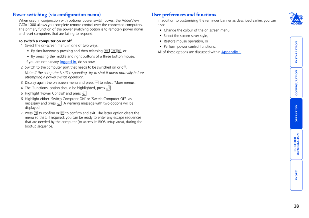 Adder Technology 1000 manual Power switching via configuration menu, User preferences and functions 