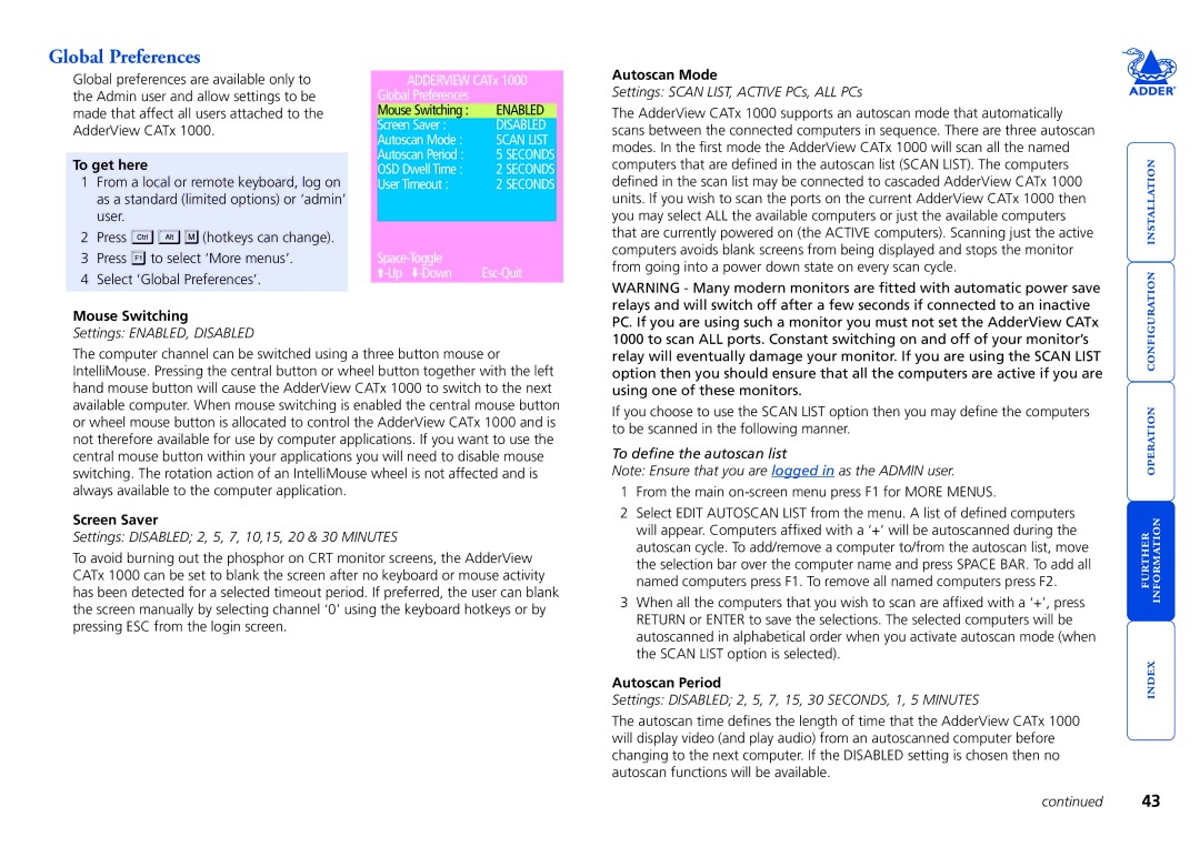 Adder Technology 1000 manual Global Preferences, Mouse Switching, Autoscan Mode, Screen Saver, Autoscan Period 