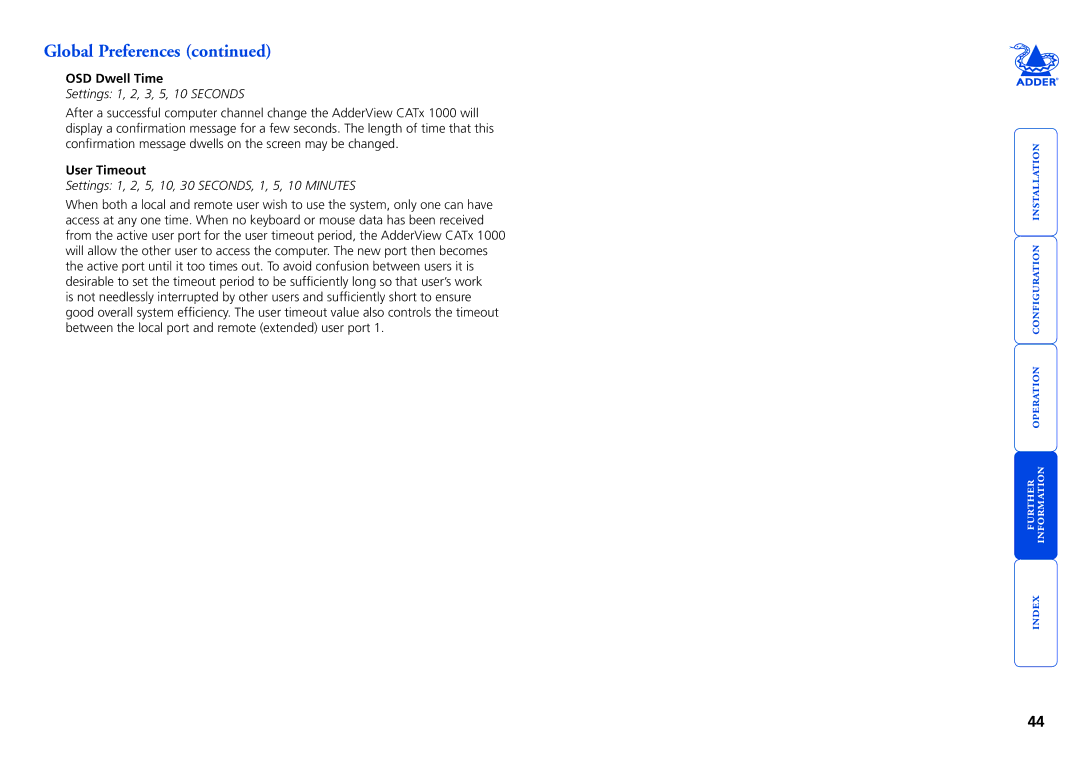 Adder Technology 1000 manual OSD Dwell Time, Settings 1, 2, 3, 5, 10 Seconds, User Timeout 