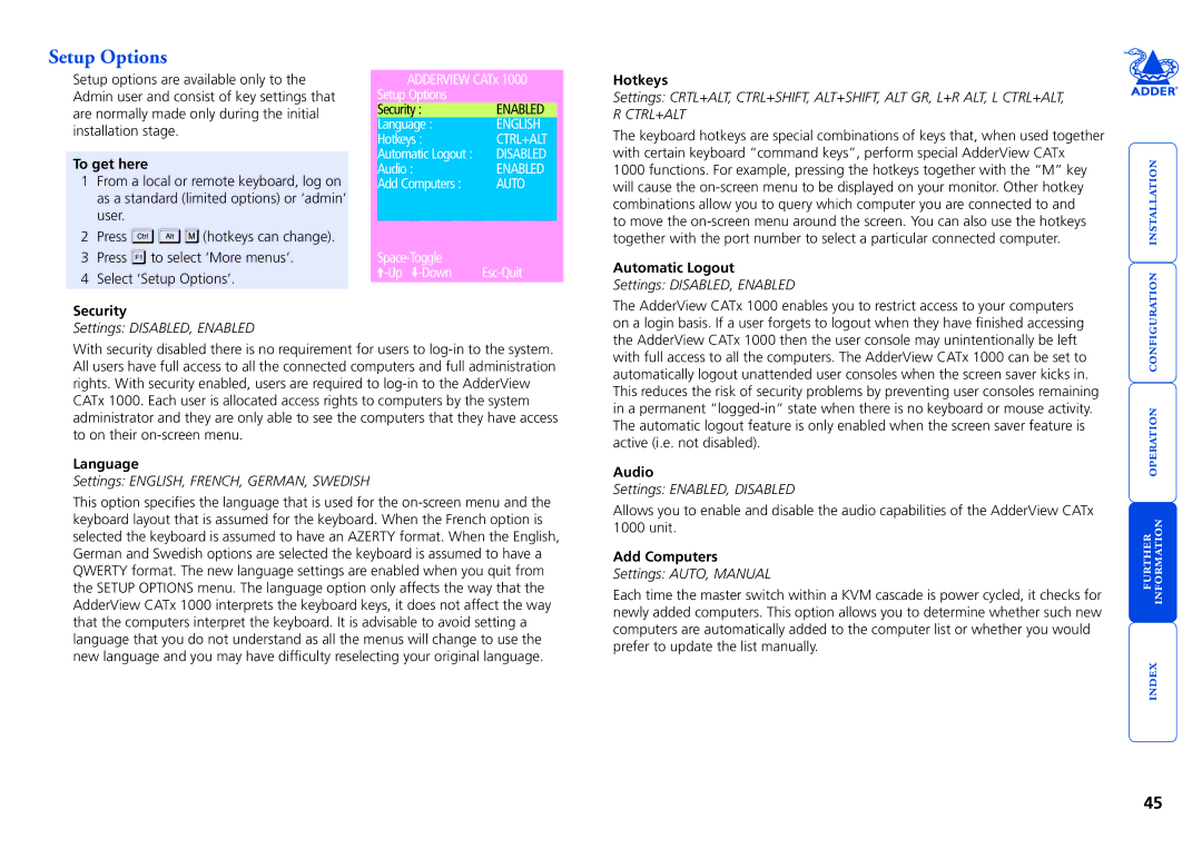 Adder Technology 1000 manual Setup Options 