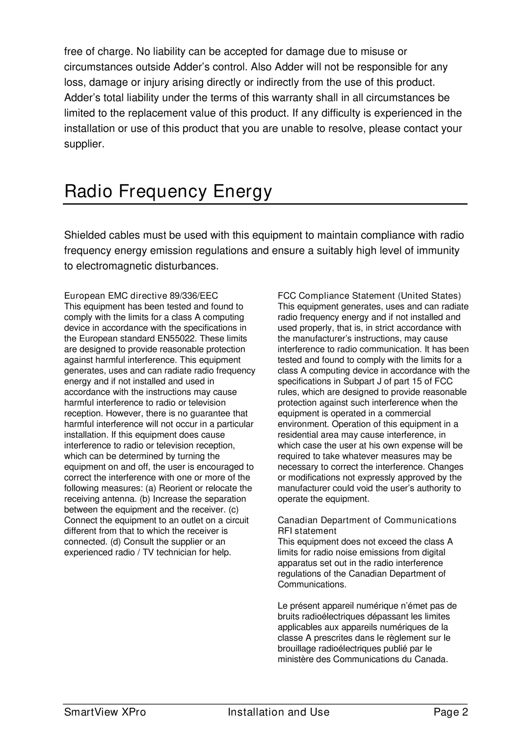 Adder Technology 2XPRO manual Radio Frequency Energy, European EMC directive 89/336/EEC 