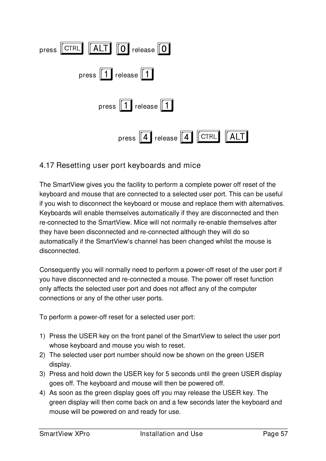 Adder Technology 2XPRO manual Resetting user port keyboards and mice, Press ba0release Press 1release Press 4release 4ba 