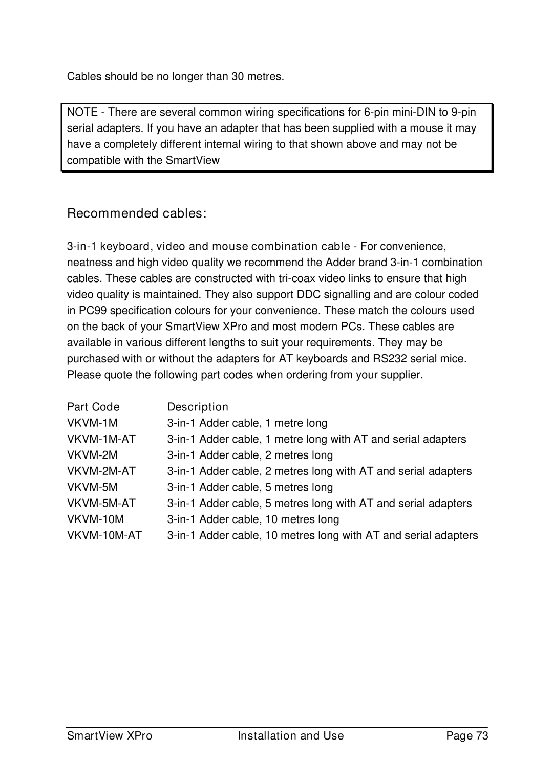 Adder Technology 2XPRO manual Recommended cables, Part Code Description 