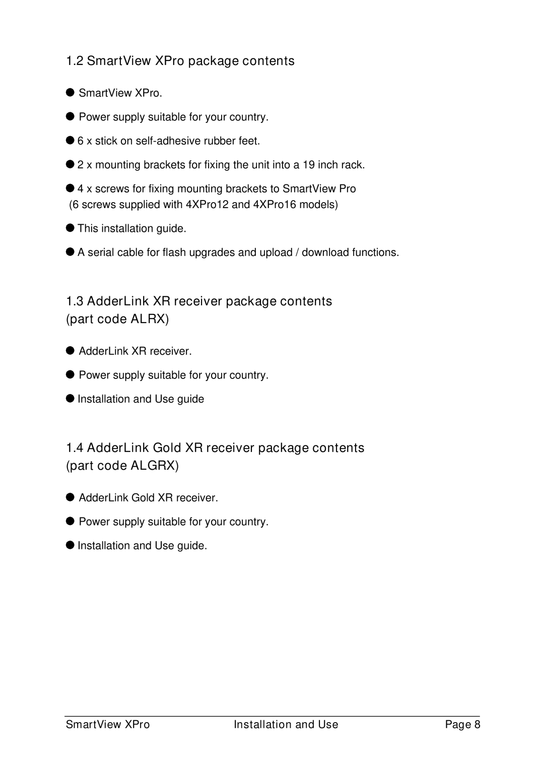 Adder Technology 2XPRO manual SmartView XPro package contents, AdderLink XR receiver package contents part code Alrx 