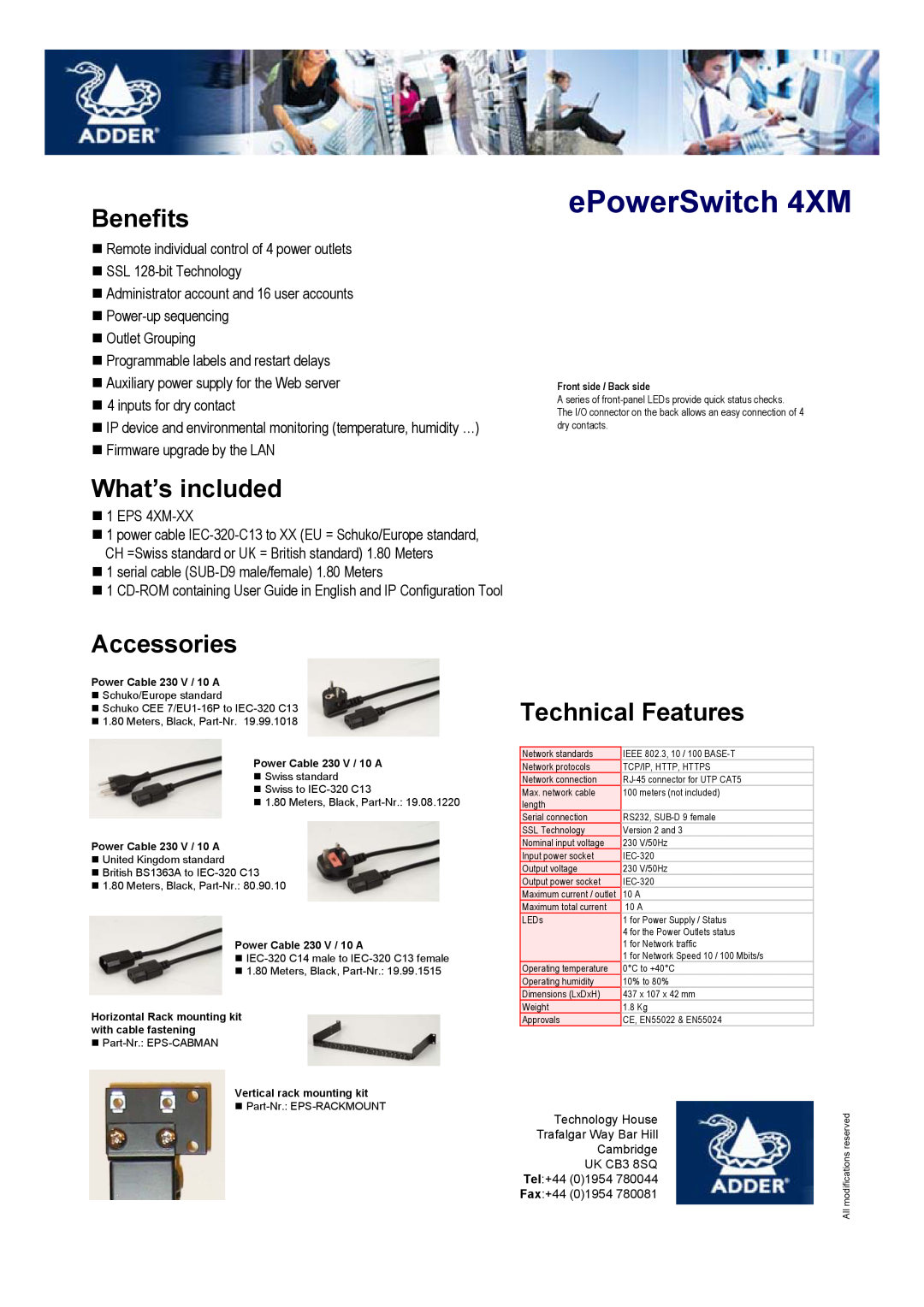 Adder Technology manual Benefits, What’s included, Accessories, Technical Features, ePowerSwitch 4XM 