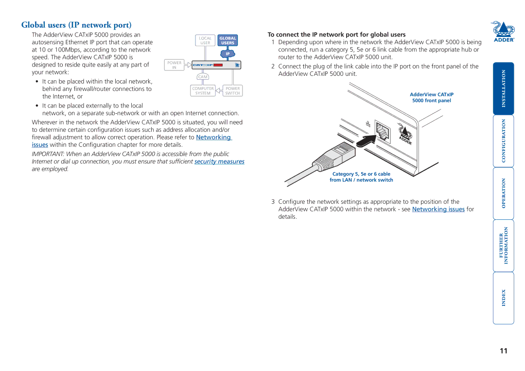 Adder Technology 5000 manual Global users IP network port, To connect the IP network port for global users 